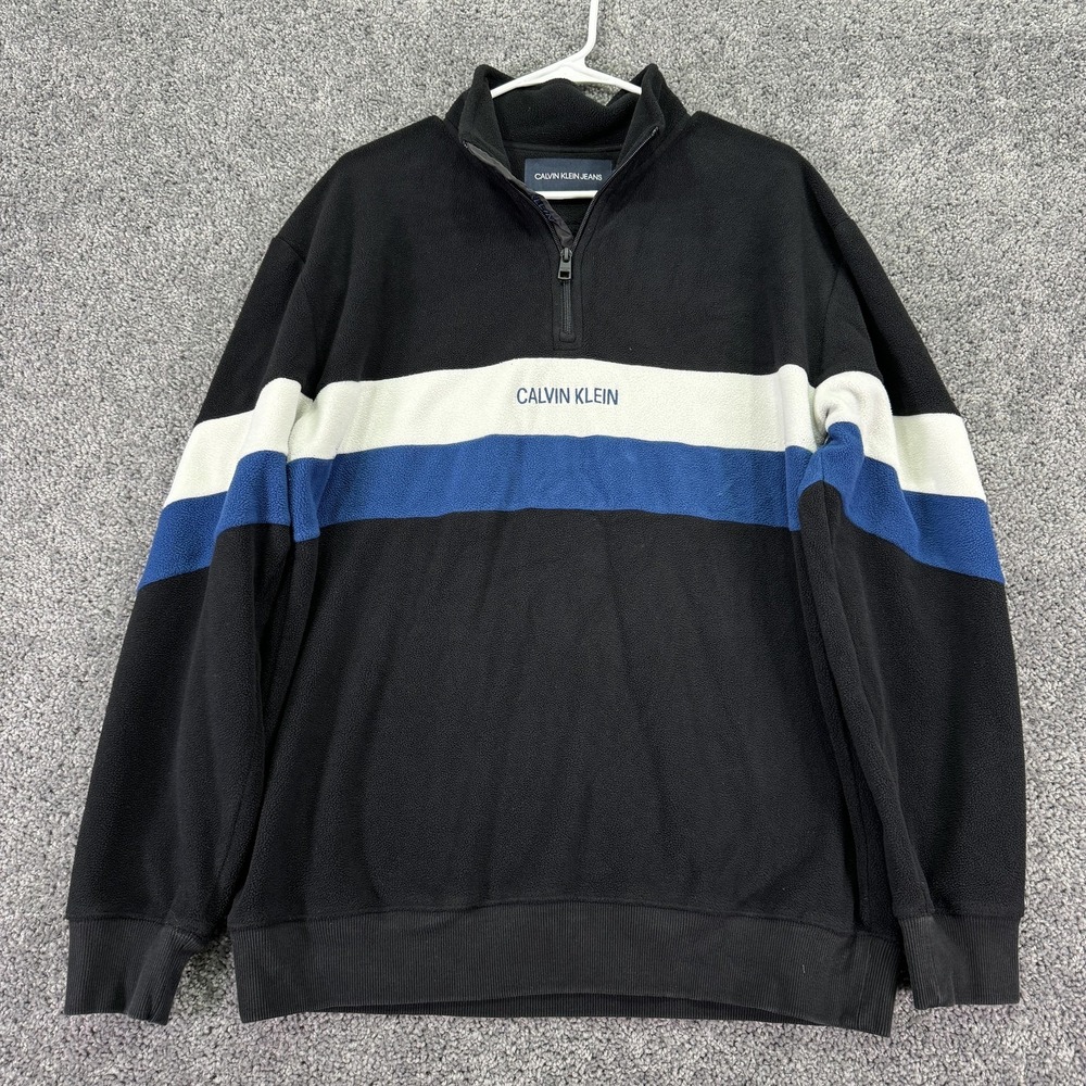 Calvin Klein Jeans Sweatshirt Mens Medium Black Fleece 1/4 Zip Mock Neck Striped
